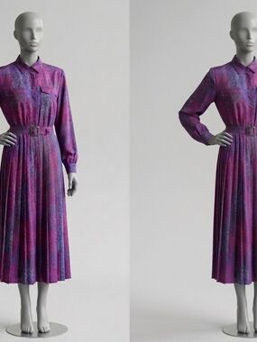Vintage 80s Don Elliot Magenta Teal Paisley Pleated Shirtwaist Dress Size(12)